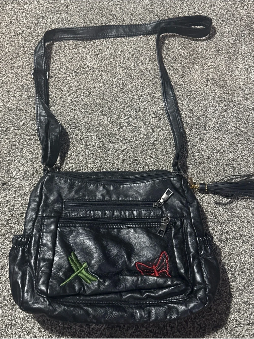 Unbranded Faux Leather 12”x7” Purse Butterfly Dragonfly Multi Zip Pockets